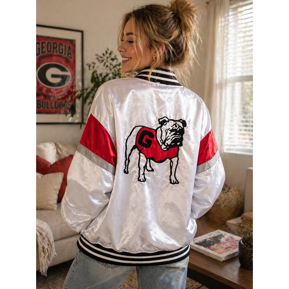 Franchise Club Georgia Bulldogs Satin Varsity Jacket White Red 2X Unisex Bomber